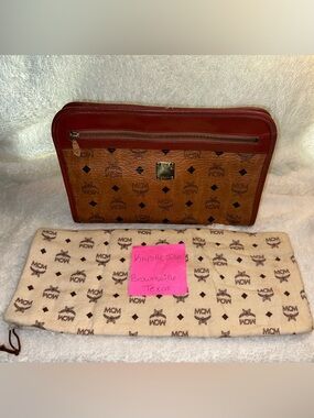 MCM Visetos Clutch Travel Pouch Vintage Cognac Brown Leather Cosmetic Bag